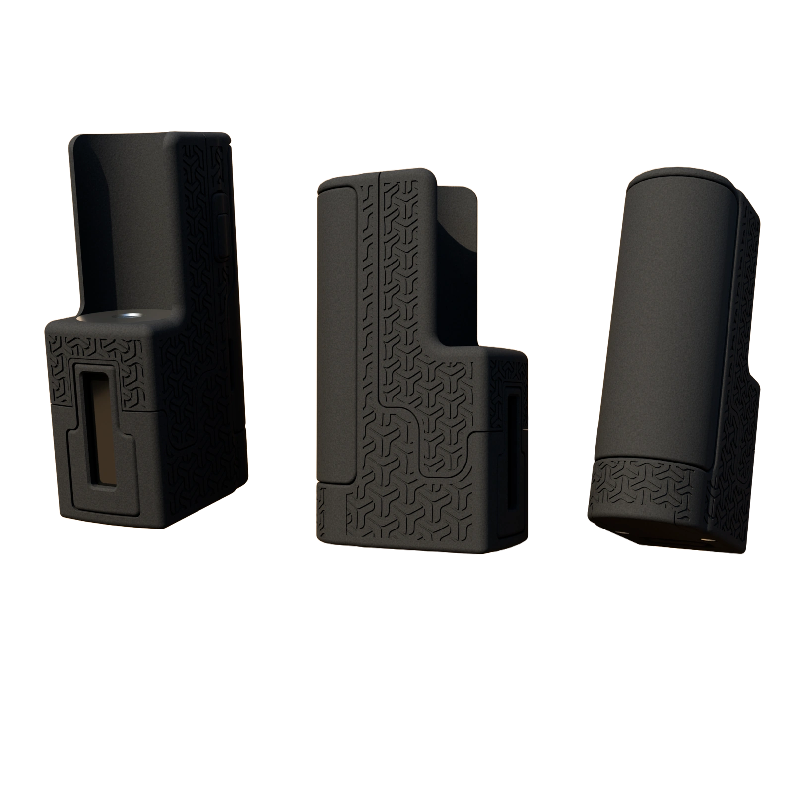 Three views of a black textured enclosure design by Anne Crystalette